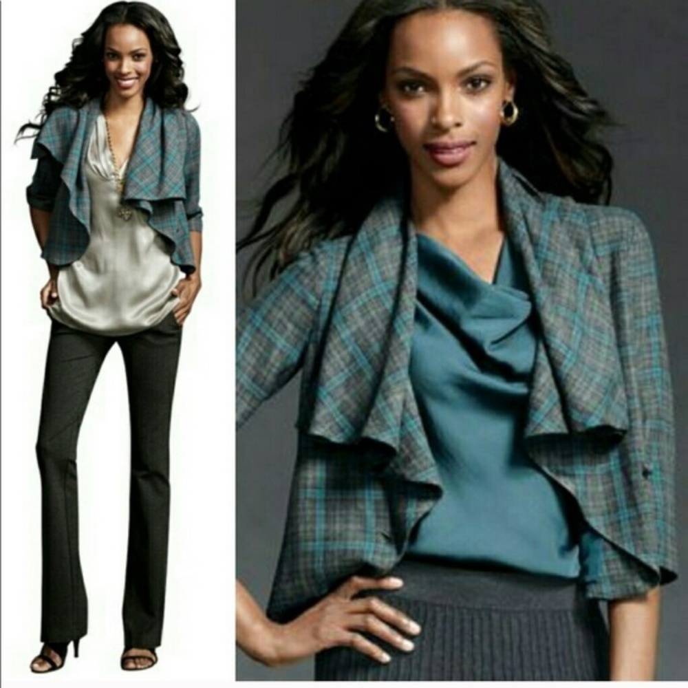 CAbi women 10 shrug jacket blazer gray/blue court plaid lined